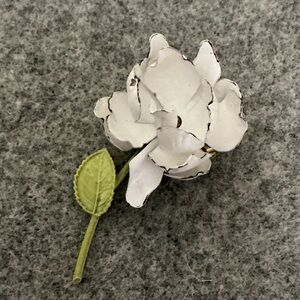 Vintage White enamel Flower Brooch with Green Leaf